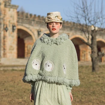 

Autumn Spring Winter Original Design Women Vintage Cute Rabbit Embroidery Handmade Tassels Beading Cloak