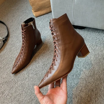 

High Heels Ankle Boots Elegant lace up Genuine Leather Women's Warm Shoes Side Zipper Winter Party Basic Shoes Woman