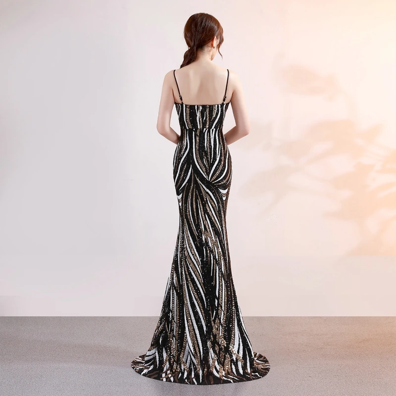 Блестками вечернее платье YIDINGZS ремень с треугольным вырезом и длинными Вечеринка платье YD16002