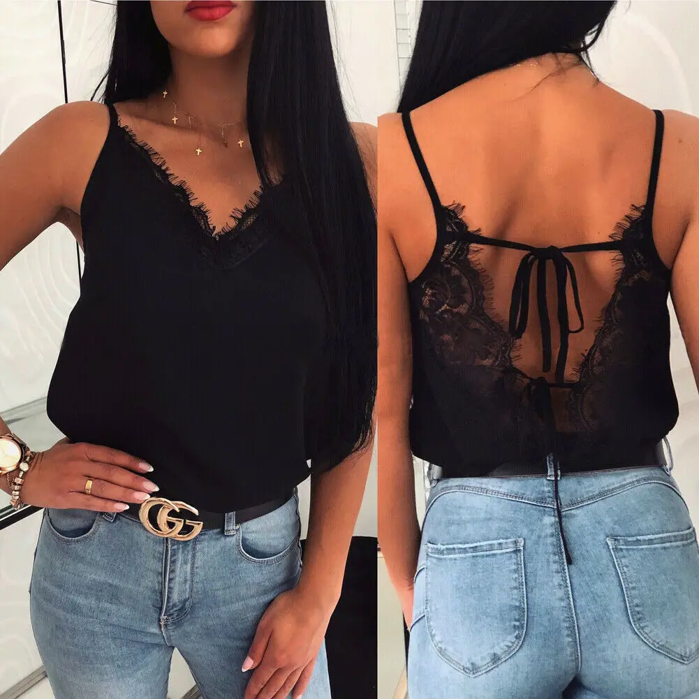 Hot Sale Women Sexy Lace Backless Vest Elegant Lady Summer Fashion Satin Silk Tank Tops Blouse Female Casual Top Plus Size