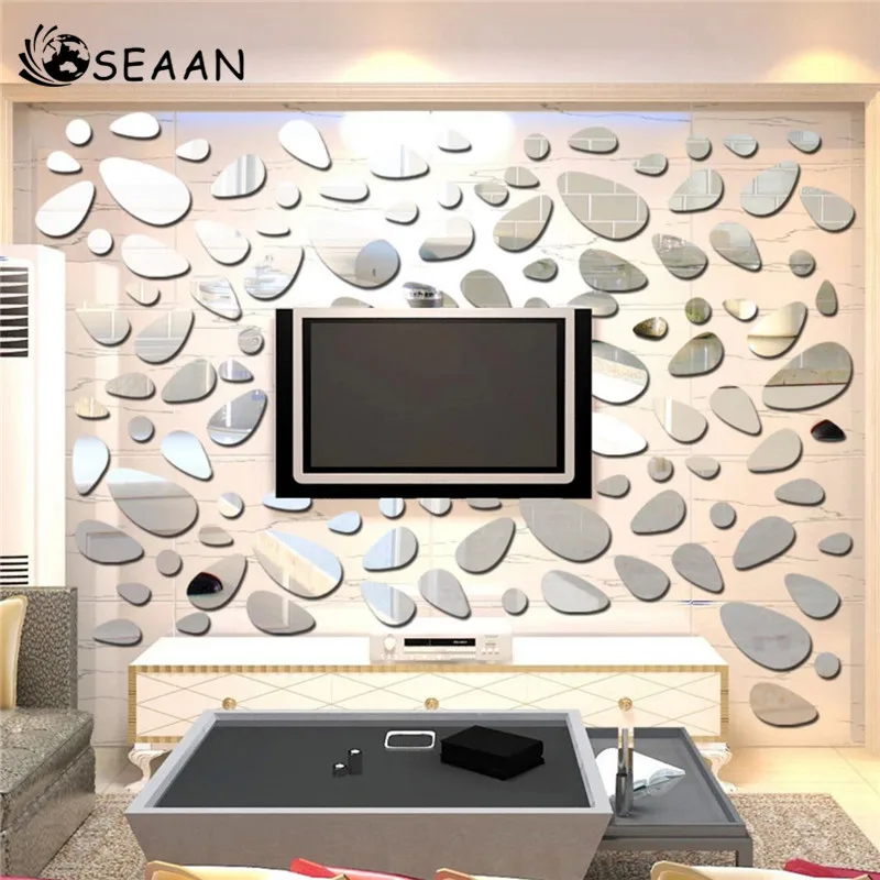 

SEEAN Modern Mirror Environmental Protection Removable background Wall Decoration Wallpaper Sticker Pebble Romantic Room Decor