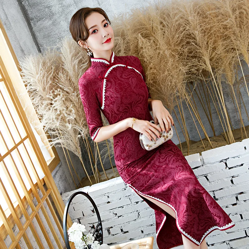Женская обувь с цветочным принтом Cheongsam M-4XL весенние тонкие туфли в китайском стиле с воротником «Мандарин», длинное платье для женщин S; детская одежда из льна и хлопка Qipao тонкий Платья для вечеринок Vestido - Цвет: Красный