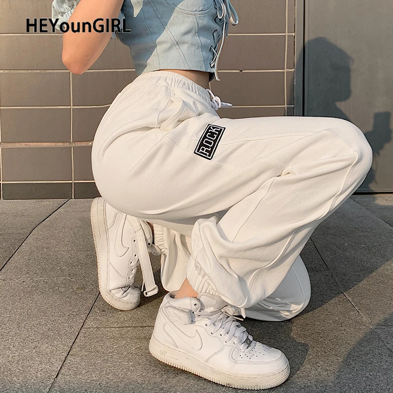 HEYounGIRL Embroidery Letter Casual Baggy Joggers Women Black Elastic High Waisted Harem Pants Capris Skinny Fashion Sweatpants