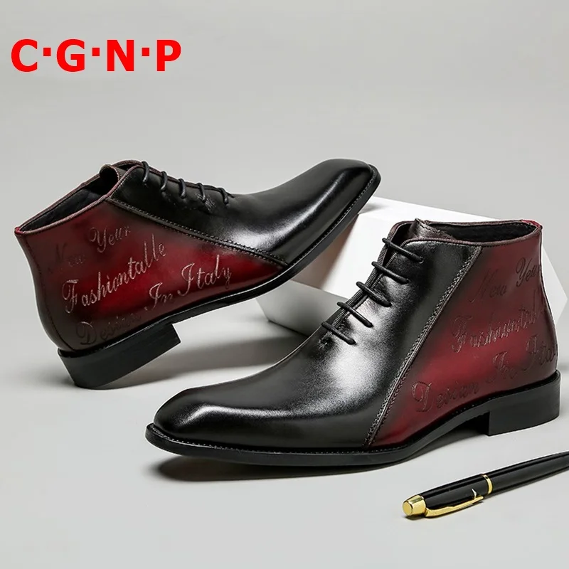 

CÂ·GÂ·NÂ·P Goodyear Mens Formal Shoes New Arrival High-top Genuine Leather Dress Shoes Letters Carving Men Boots Ankle Boots