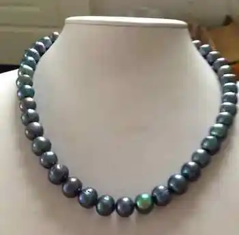 

stunning 9-10mm tahitian round black green multicolor pearl necklace 18inch 14k