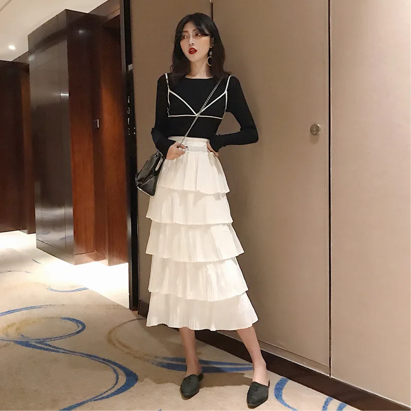 

Photo Shoot Sweater Dress Outfit Two-Piece Sweater Women's Long-Sleeve + Layers Cake Dress Skirt Mid-length