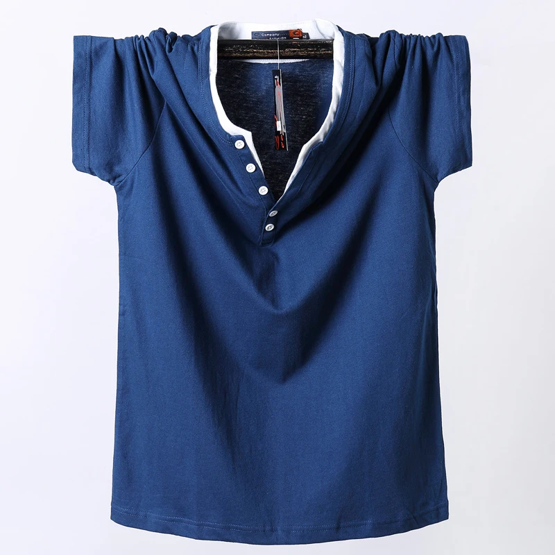 Летняя мужская футболка с коротким рукавом больших размеров, Мужская футболка с v-образным вырезом, Мужская одноцветная хлопковая M-3XL 4XL 5XL 6XL 7XL 8XL - Цвет: Синий