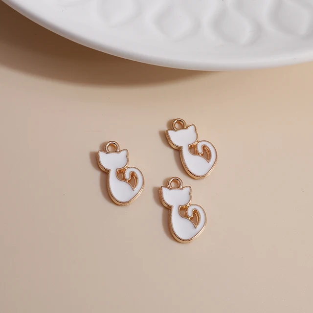 10pcs/lot 6*14mm Cartoon Cat Charms DIY for Necklaces Pendants Earrings Making Cute 5 Color Enamel Girl Charms Jewelry Findings White