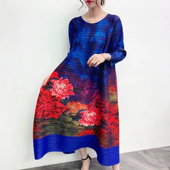 

LANMREM 2020 New Spring Round Collar Print Colorblock Mid-length Pleated Dress Women Vintage Loose Big Size A-line Dress PD572