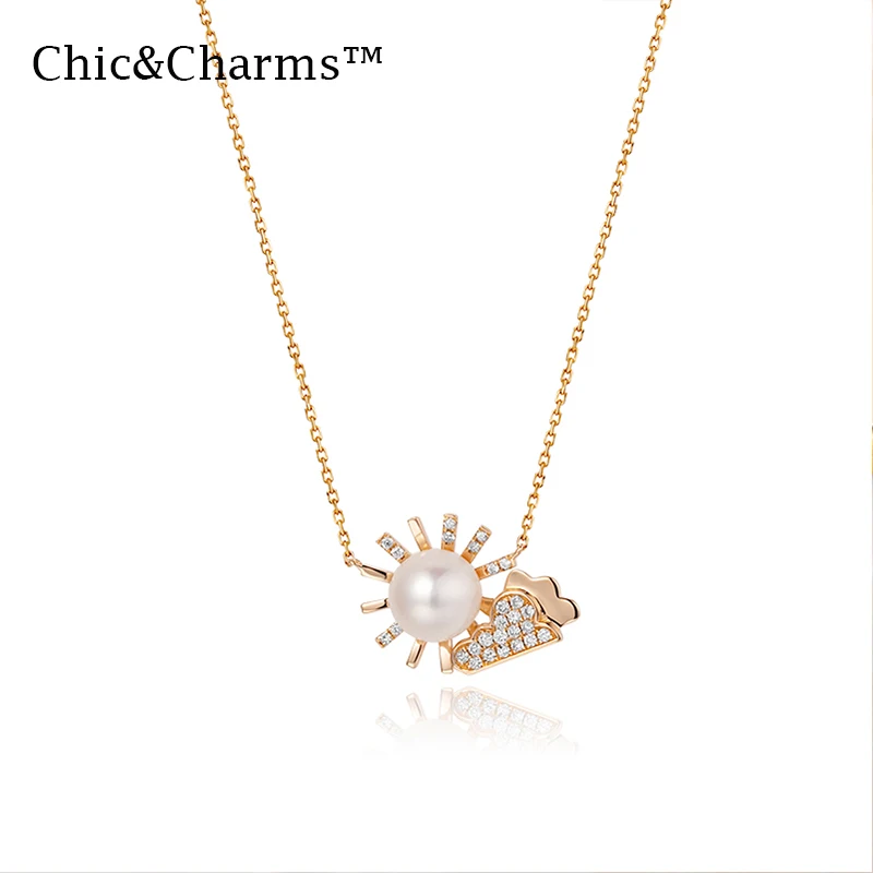 

Chic&Charms 9K&14K Real Rose Gold Natural Pearl Diamond Necklace Original design personality Women Jewelry