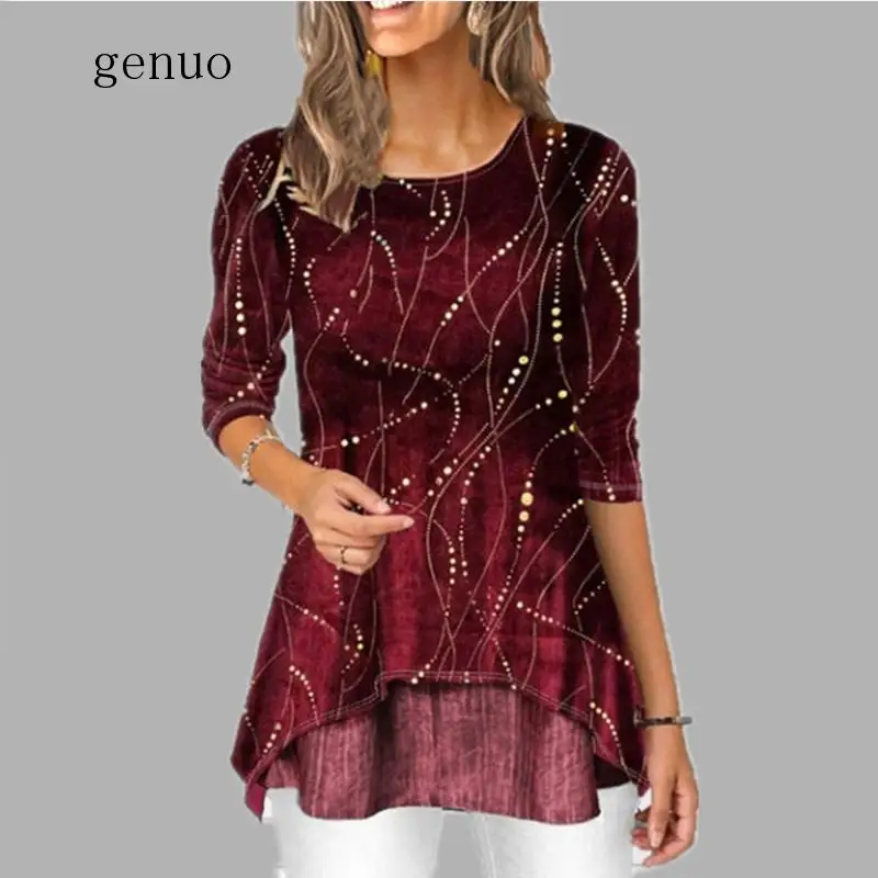 

Plus Size 5XL O Neck 3/4 Sleeve Women Shirt Dot Print Female Tunic Blouses Tops 2020 Spring Casual Irregular Hem Lady Shirts