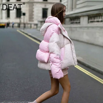 

DEAT New Autumn And Winter Fashion Casual Long Sleeve Slim Patchwork Solid Volor A-line Hooded Down Jacket For Women Top SF944