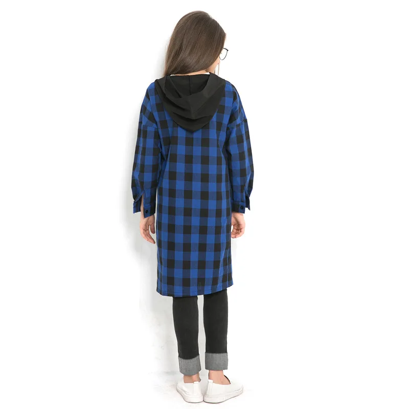 Клетчатое пальто с капюшоном для девочек, длинная рубашка, новинка года, осенне-весенняя одежда для девочек 10-12 лет