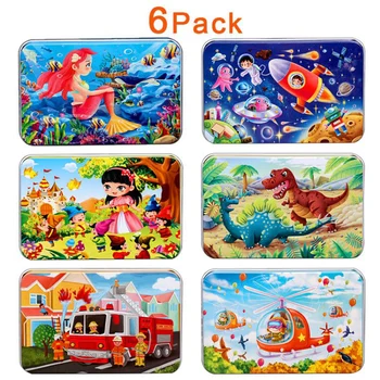 

Wooden Jigsaw Puzzle Toys For Children Kids Early Educational Cartoon Learning Puzzles Toy with Iron Box Game for Boy Girl Gift