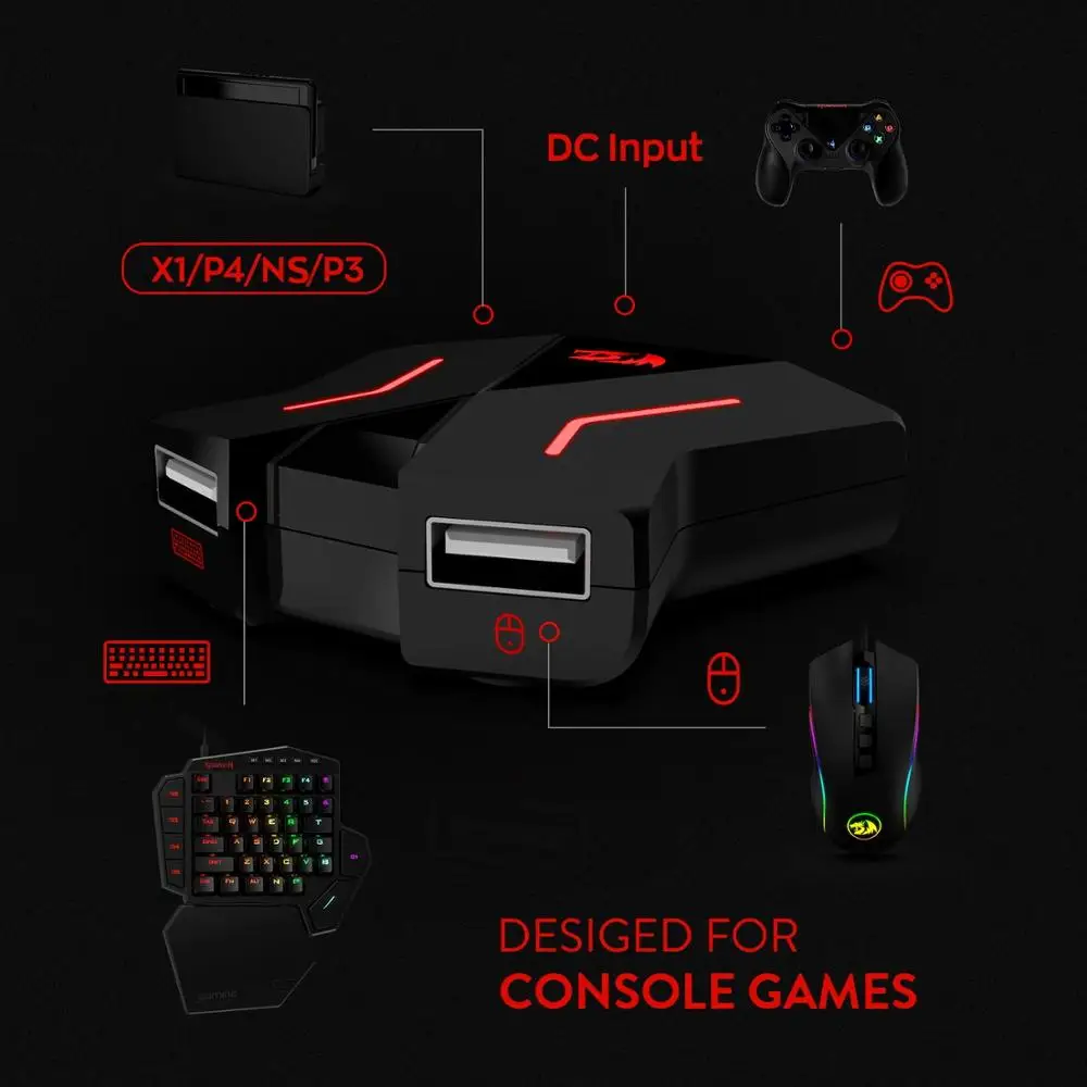 Игровая RGB клавиатура Redragon K585 для одной руки и мышь M607RGB с конвертер GA200 Xbox One PS4 Switch