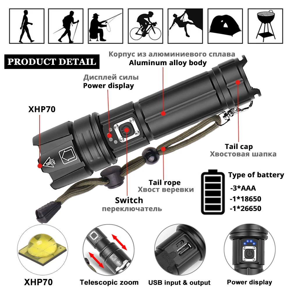Мощный XHP70 светодиодный светильник-вспышка с USB входом и выходной функцией тактический фонарь 5 светильник ing режимы Водонепроницаемый зум наружный светильник