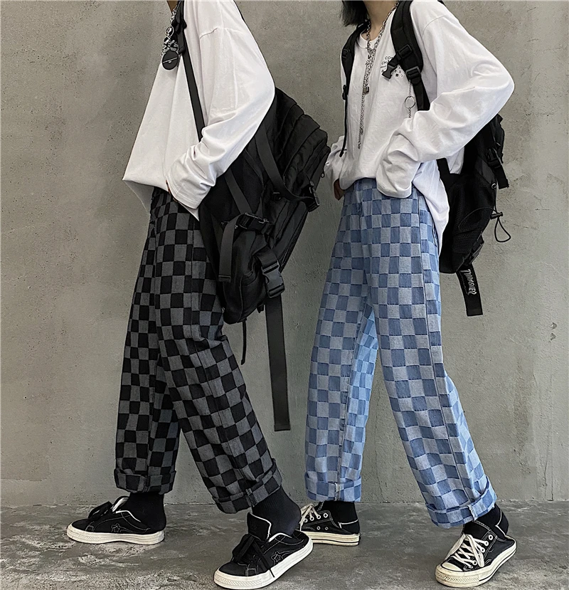 Harajuku Pants Women 2021 Jeans Woman Streetwear Checkered Korean Style Straight Wide Leg Plaid Trousers | Женская одежда