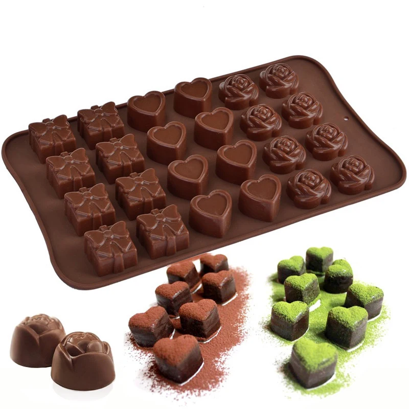 Non-Stick Silicone Chocolate Mold Rose Heart Gift Shape Jelly Candy Cake Mould Fondant Baking Tray Ice Cube Cake Decorating Tool