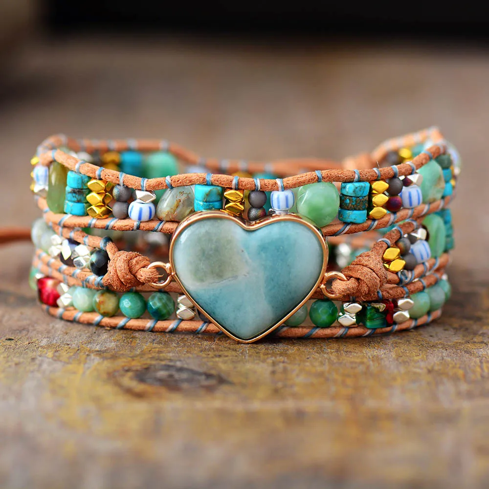 New Spiritual Heart Shape Amazonite Leather Wrap Bracelets W/ Mixe Stone Beads Bracelet Boho Classic Jewelry Bijoux Dropship