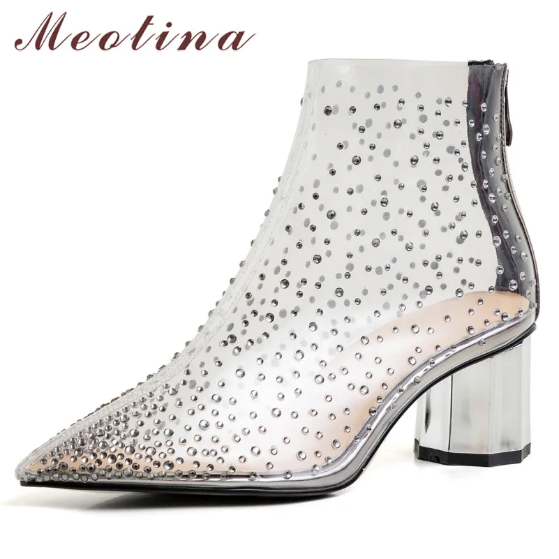 

Meotina Spring Ankle Boots Women Rhinestone Strange Style High Heel Short Boots Transparent Zipper Pointed Toe Shoes Lady 33-41