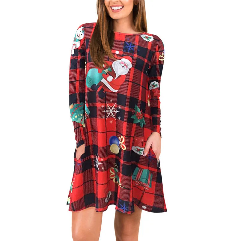 Red Fashion O-collar Snowman Printed Christmas Dress New Year Xmas Long Sleeve Mini Dress Women Girls 40SE25 (7)