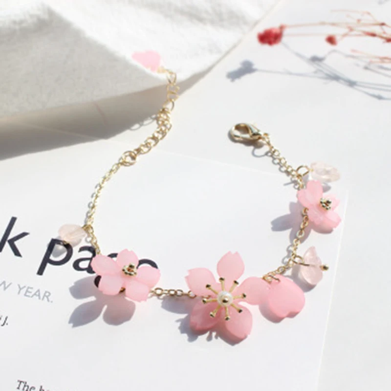 

Flower Bracelet Pink Cherry Blossom Small Pure Fresh Charm Bracelet Heartly Sweet Bracelet Cubic Crystal Adjustable Bracelets