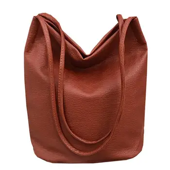 

Vintage Women Faux Leather Solid Color Large Capacity Tote Shoulder Bag Handbag