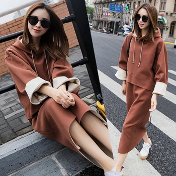 

New Fall and Winter Two-piece Set Dresses for Ladies Outdoor Street Cotton Polyester Loose and Slim Look Young Plus Size Warm