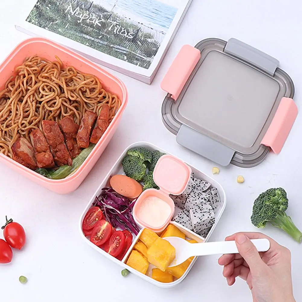 

Portable Lunch Box 3 Compartments Plastic Reusable Lunch Container with Spoon Microwave Safe for Student Office Worker