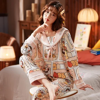 

BZEL Cute Navy Collar Pajamas Women Kawaii Sleepwear Women's Cotton Pijama Mujer Teen Girls Women's Home Clothes Loose Pyjama