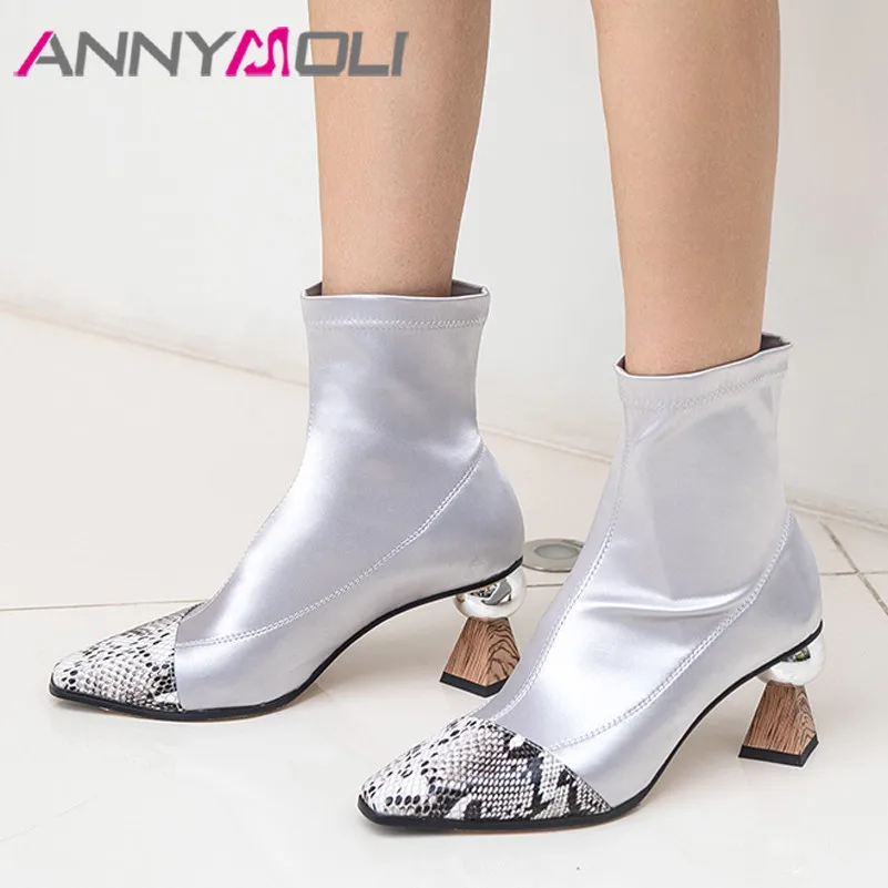 

ANNYMOLI Autumn Ankle Boots Women Genuine Leather Leather Strange Style High Heel Short Boots Snake Print Shoes Lady Size 34-39
