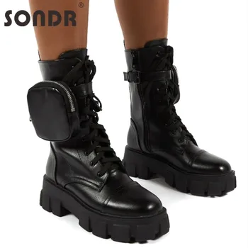 

SONDR Women Winter Shoes Leather Velvet Warm Boots Women's Trend Pocket Lace Up Solid Sexy Women's Zipper Ankle Boots