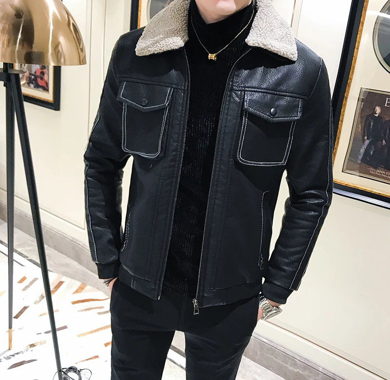 Korean Mens Coats Leather Bomer Jackets Short New Winter Mens Jackets Leather Turn Down Collar Mens Leather Clothing Black