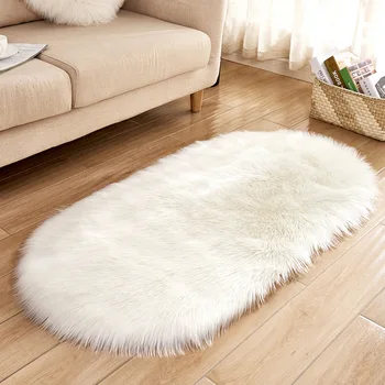 

High Pile Plush Carpets Oval Bedroom Bedside Rug Soft Easy Clean Artificial Wool Floor Mats For Household Living Room