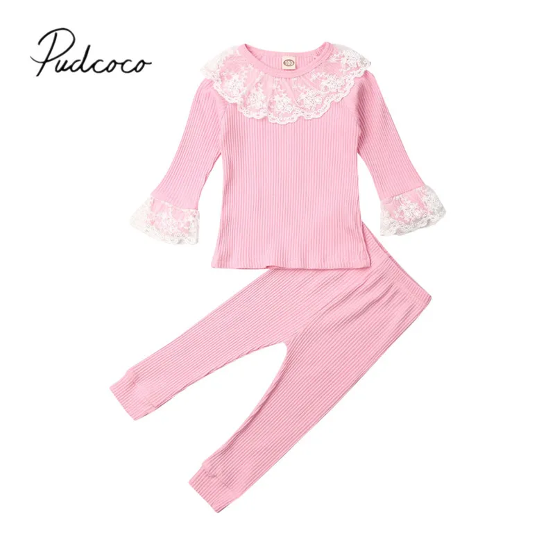 

2019 Baby Spring Autumn Clothing Toddler Kid Baby Girl Lace Flare Long Sleeve Ruffle Top Shirt Pants Leggings Ribbed Outfit 1-5T