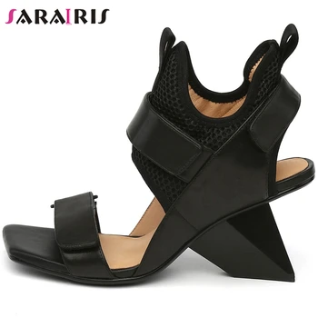 

SARAIRIS Open Toe Hook Loop Style Stange Genuine Leather Sandals Women 2020 Solid Sandals Ladies Fashion Shoes