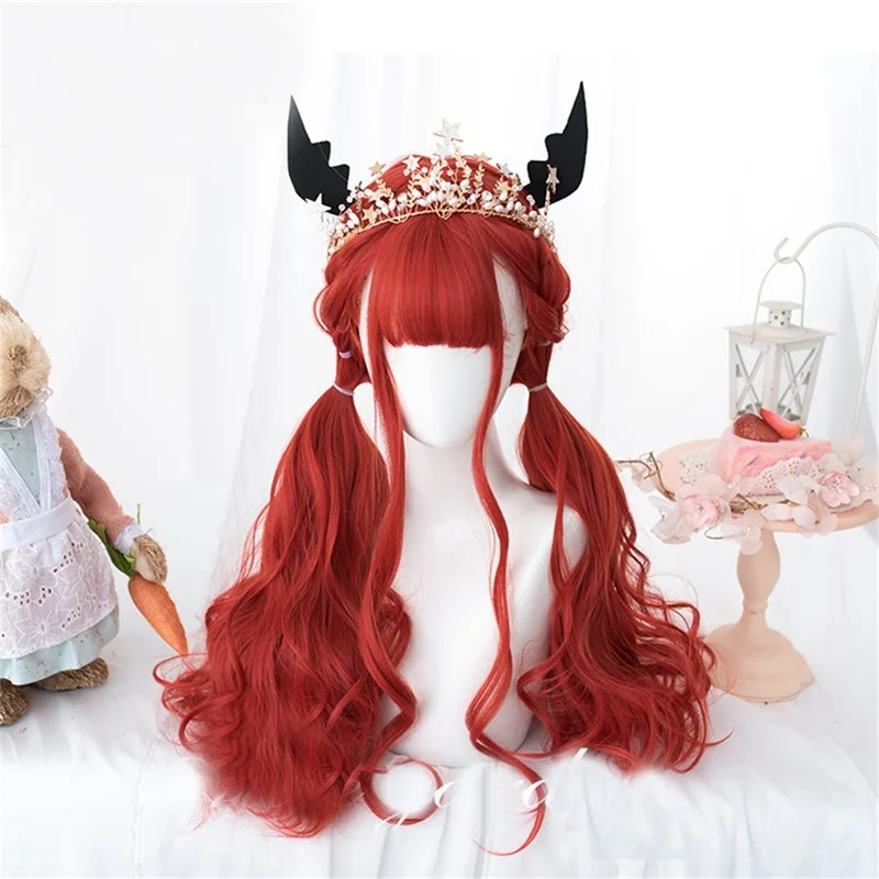 Косплей микс 60 см Лолита длинные кудрявые красный/светильник синяя челка милый Хэллоуин синтетические волосы для женщин косплей парик+ шапка