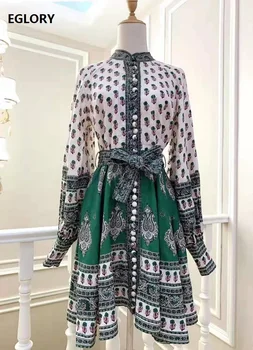 

Top Quality New 2020 Spring Dresses Women Vintage National Style Print Tunic Buttons Up Long Sleeve Green Yellow Dress Linen