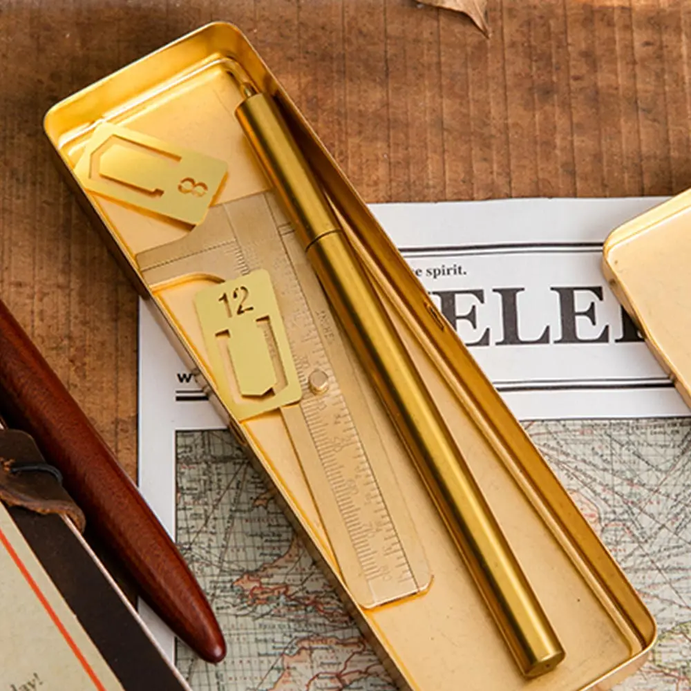 Brass Gift Pen Box Tin Box Metal Pen Holder Stationery Storage Stationery Container Creative school Office Supplies