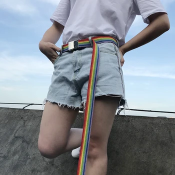 

Rainbow Lover Belts Web Strap Couple Belt Thin Canvas Men Women Waistband Iron Square Automatic Buckle Mirror New Fastion Cinto