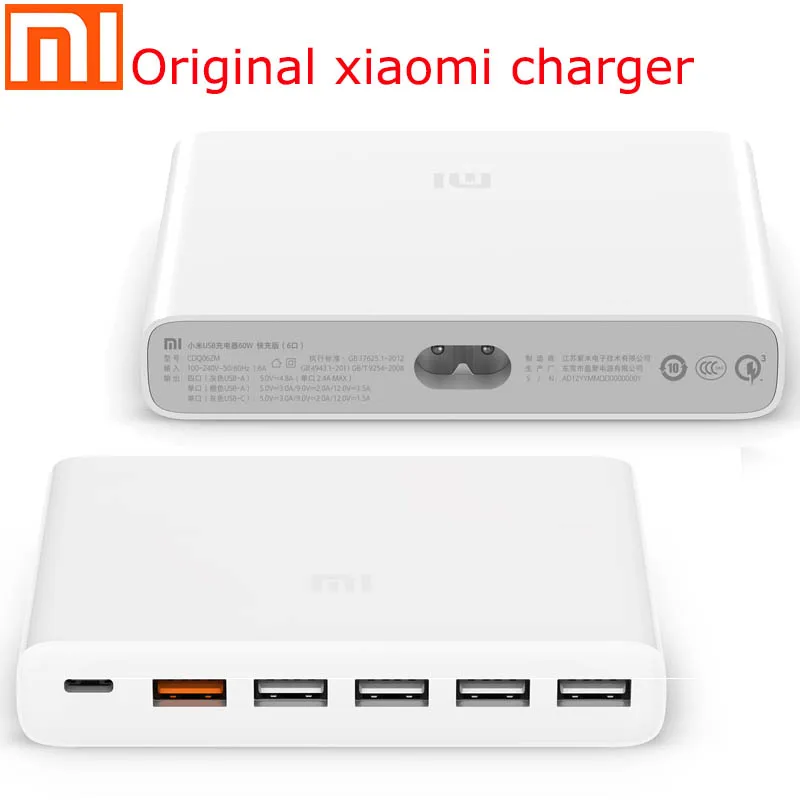 Оригинальное Xiaomi Mi Зарядное устройство USB 60 Вт type-C 60 Вт Зарядное устройство USB-A 6 выходными портами Dual QC 3,0 быстрое зарядное устройство 18 Вт x 2 24 Вт(5 В = a макс