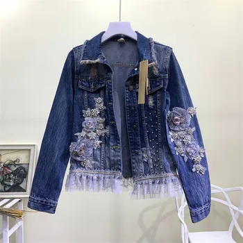 

2020 Korean Fashion Beading Applique Denim Jacket Women Basic Coat Loose Wash Jeans Jacket Female Short Outerwear Chaqueta Mujer