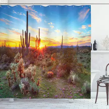 

Saguaro Cactus Decor Collection, Saguaros Wildflowers in Sonoran Desert Scene Picture Print, Polyester Fabric Bathroom Shower