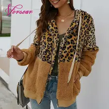 Versear женское леопардовое Сращивание пальто на молнии с капюшоном передние карманы теплый флис пушистые толстовки модная повседневная теплая Осенняя верхняя одежда