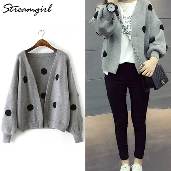 

Streamgirl Women Cardigans White Winter Knitted Polka Dot Cardigan Long Sleeve Women Loose Cardigan Open Front Ladies Cardigans