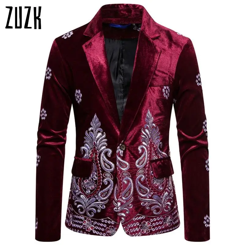 

Floral Embroidery Wedding Suits For Men Luxury Wine Velvet Formal Slim Fit Single Button Mens Party Clothes Business Suit Jacket