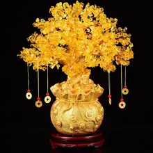 19cm sorte árvore riqueza amarelo árvore de cristal natural sorte árvore dinheiro ornamentos bonsai estilo riqueza feng shui ornamentos