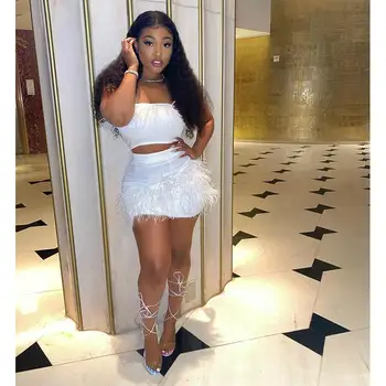 

ZITY Feather Splicing Women Set Two Pieces Sets Tracksuits Strapless Crop Tops Bodycon Midi Mini Skirt Suit Outfit Party Sexy Dr
