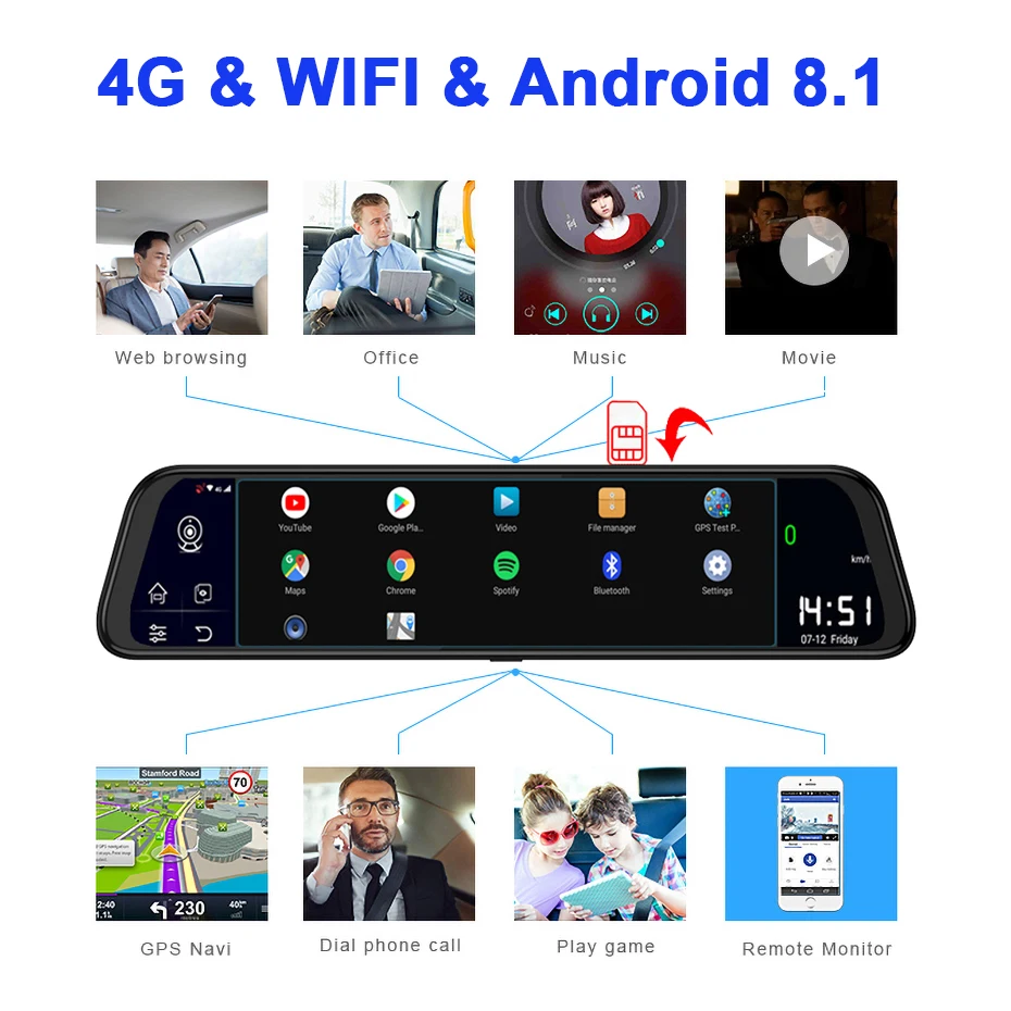 Зеркало заднего вида QUIDUX 12 дюймов 4G Android 8 1 GPS навигация 2 Гб ОЗУ 32 ПЗУ ADAS FHD 1080P