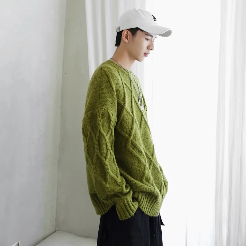 Autumn New Sweater Men Warm Fashion Solid Color Casual Plaid Pullover Men Streetwear Wild Loose Knit Sweter Man Clothes M-2XL